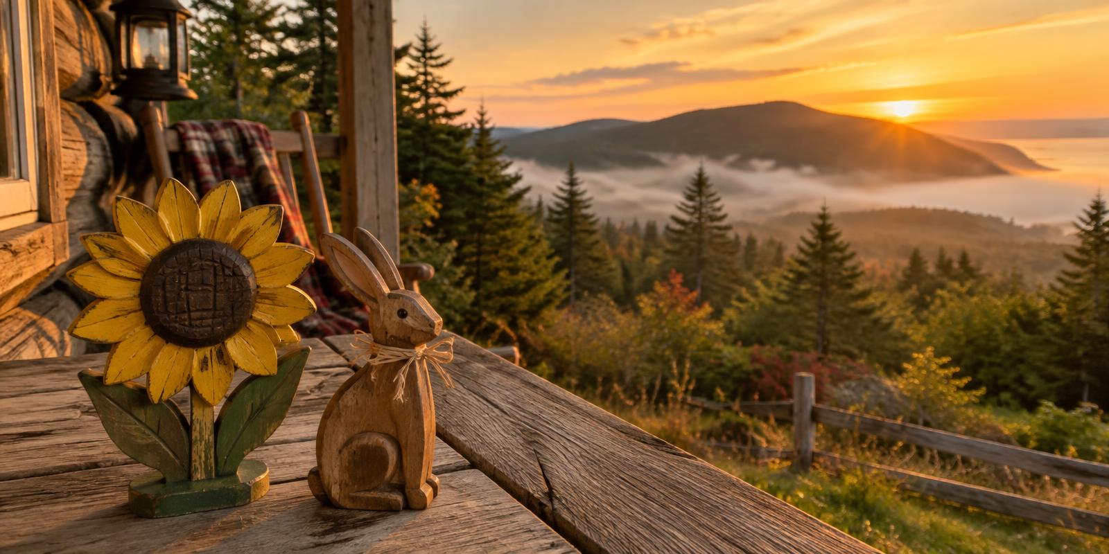 Handmade wooden sunflower and bunny on a porch overlooking mountains